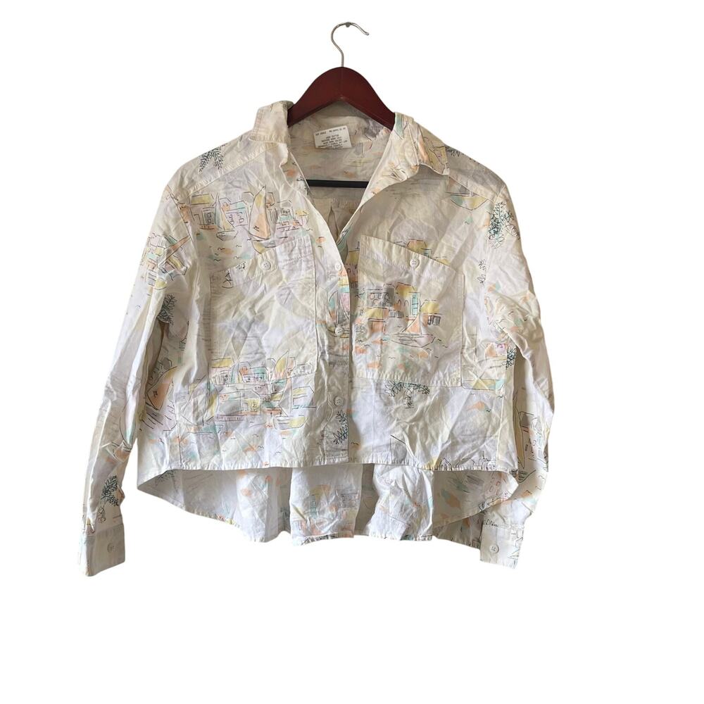 Vintage 70s sea landscape print cropped button up with flowy back‎ size small